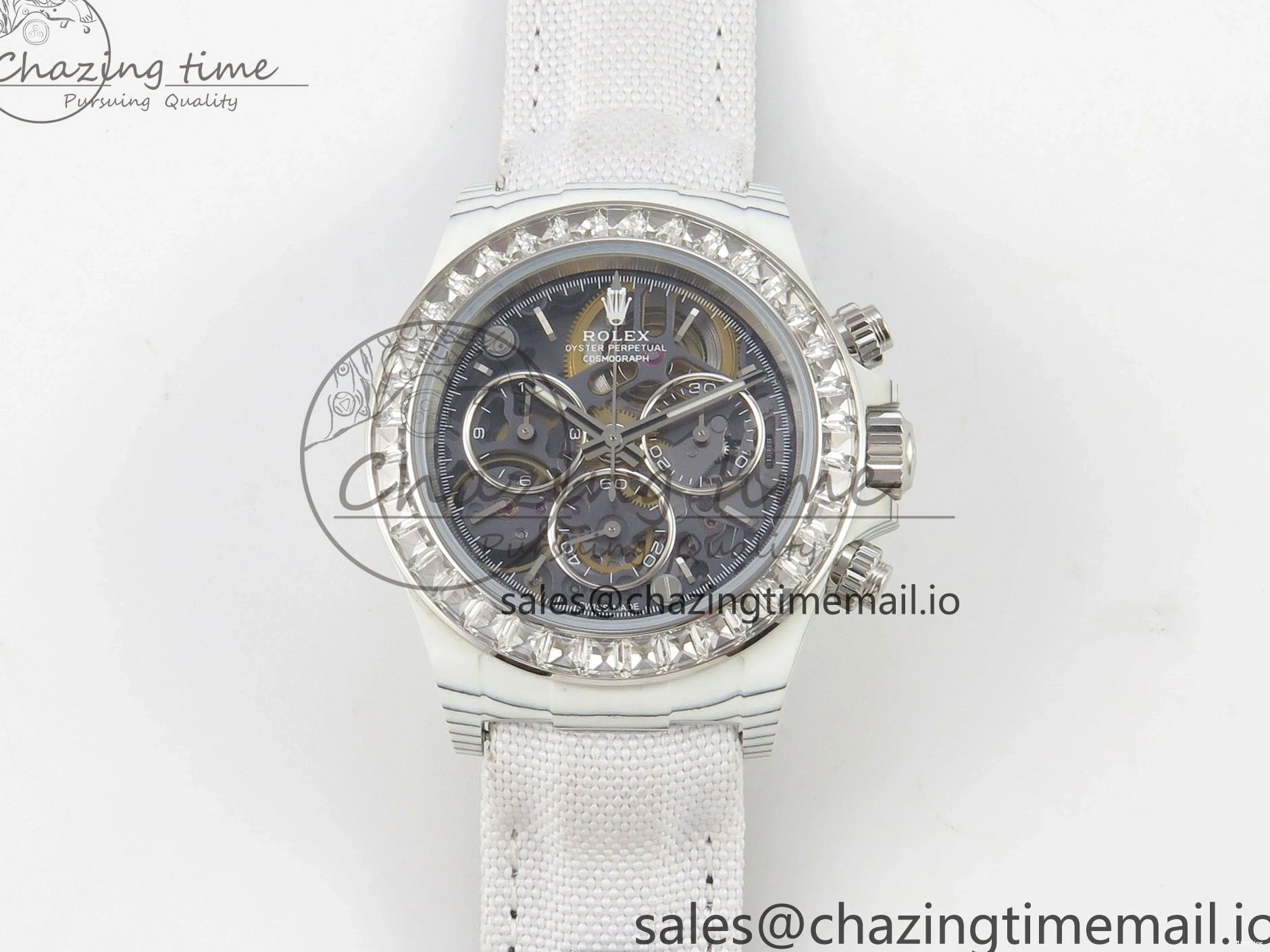 MiroTime 0110 Daytona Cosmograph White Carbon MPF Best Blaken Skeleton Dial on White Nylon Strap A FreshLook 314